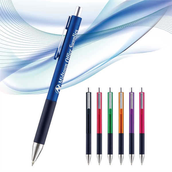 Shiner plunger-action pen with a straight, metallic barrel, black soft grip,... from ASI 82498 RiteLine LLC