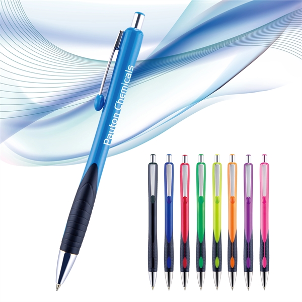 Plastic ballpoint pen with retractable design, contoured colored barrel, co-molded soft... from ASI 82498 RiteLine LLC