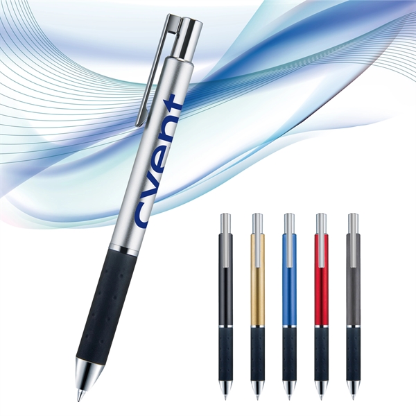 Retractable style pen with straight metal barrel, satin finish, black soft... from ASI 82498 RiteLine LLC