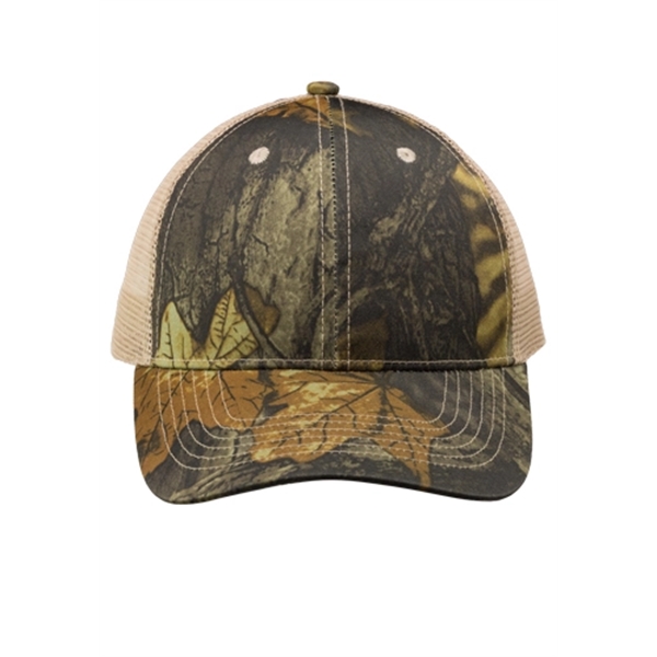 Six panel, structured camo trucker cap with front cotton and mesh... from ASI 39552 BEL Promo