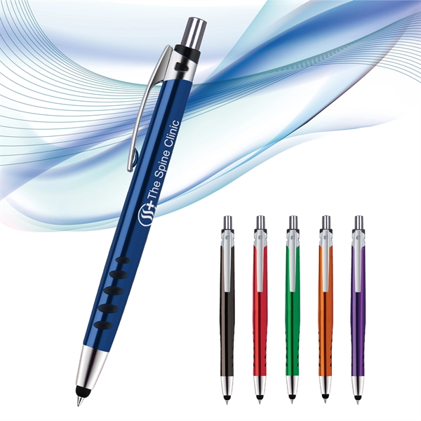 Plano plunger-action stylus shine pen with a contoured, glossy metallic barrel... from ASI 82498 RiteLine LLC