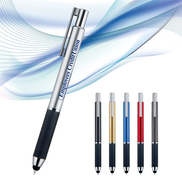 Retractable style stylus pen with metal barrel, satin finish, black soft... from ASI 82498 RiteLine LLC