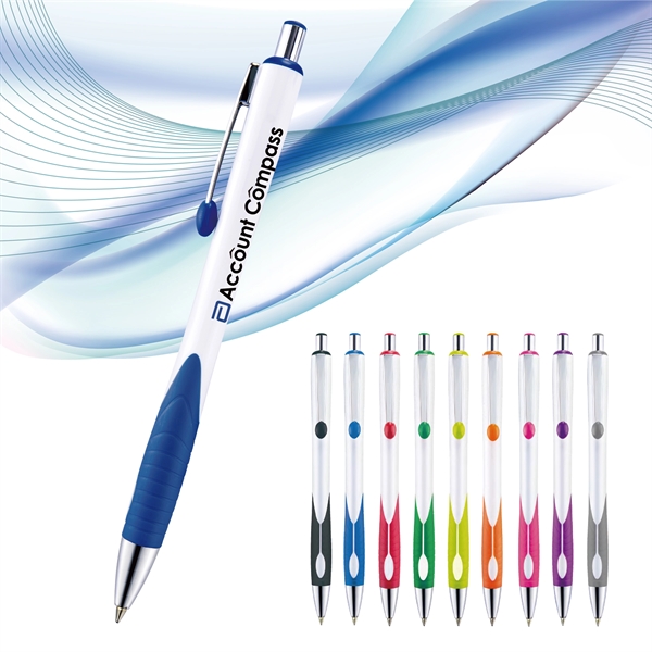 Retractable style pen with contoured bright white barrel, co-molded grip, chrome... from ASI 82498 RiteLine LLC