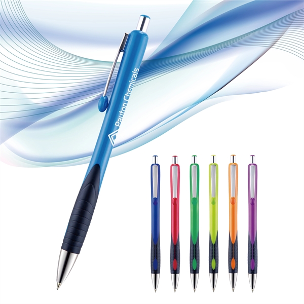 Retractable style pen with contoured colored barrel, co-molded soft grip, chrome... from ASI 82498 RiteLine LLC