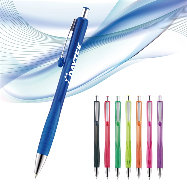 Retractable style pen with contoured translucent barrel, co-molded grip, chrome tim... from ASI 82498 RiteLine LLC
