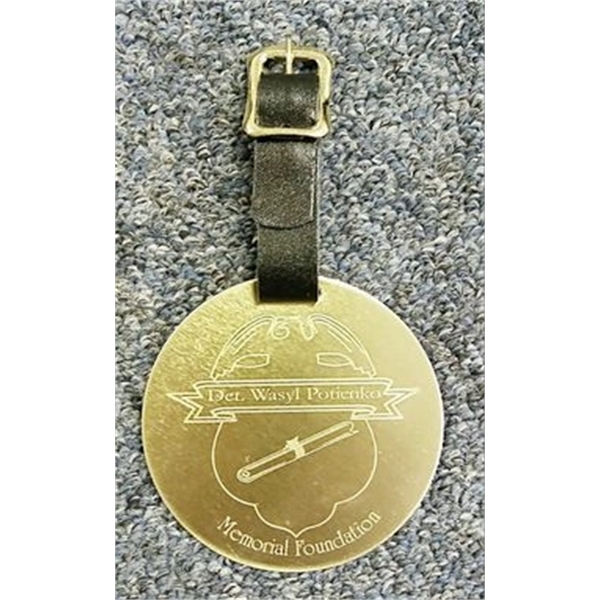 2 3/4" Round Aluminum BagTag w/ a leather strap. 4 different... from ASI 41080 Nelson Boone Co Inc / Alumaline® & Brass