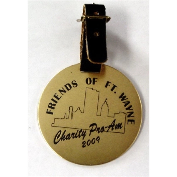 2 3/4" Round Aluminum BagTag w/ a leather strap. 4 different... from ASI 41080 Nelson Boone Co Inc / Alumaline® & Brass