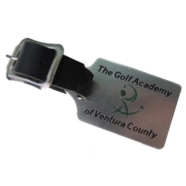 1.5" x 2.5" Tomb stone shaped BagTag w/ a leather strap.... from ASI 41080 Nelson Boone Co Inc / Alumaline® & Brass