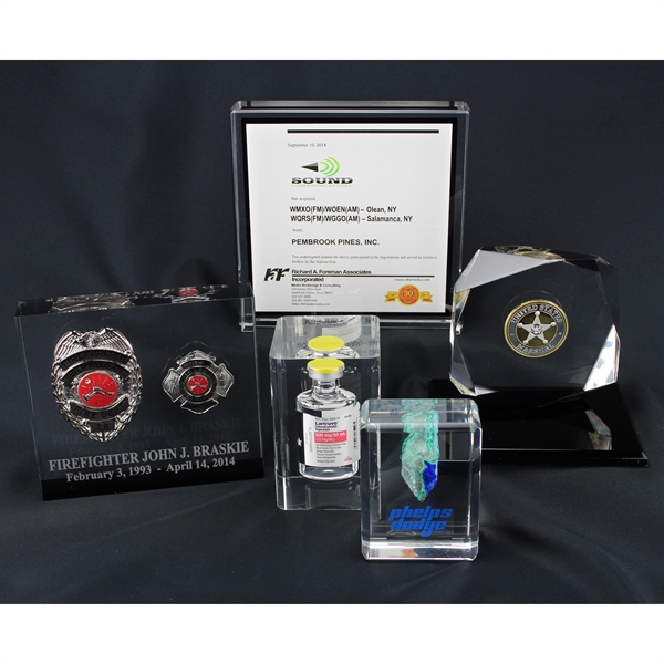 Square shaped acrylic award, available in eight sizes, for embedding printed... from ASI 45430 Clear Image Inc / Clear Image