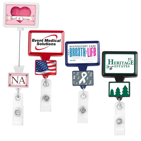 DOUBLE UP RECTANGLE BADGE REEL 2 decorating areas and bull dog... from ASI 49470 DEVARA