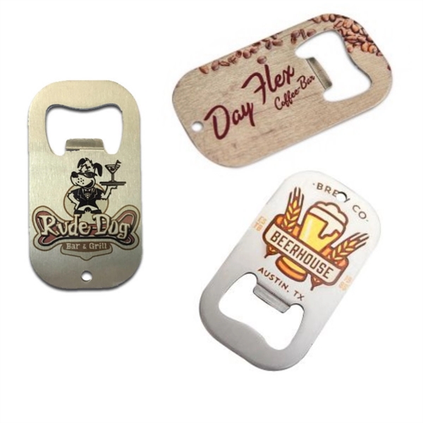 Double-sided, UV printed bottle opener in Stainless Steel.... from ASI 76797 Pelican Graphics / Pelican Lures