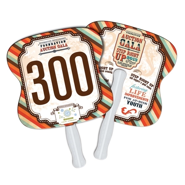 Digital printed hourglass shape auction fan with visible wooden stick.... from ASI 67620 Lion Circle Corp / Lion/Circle