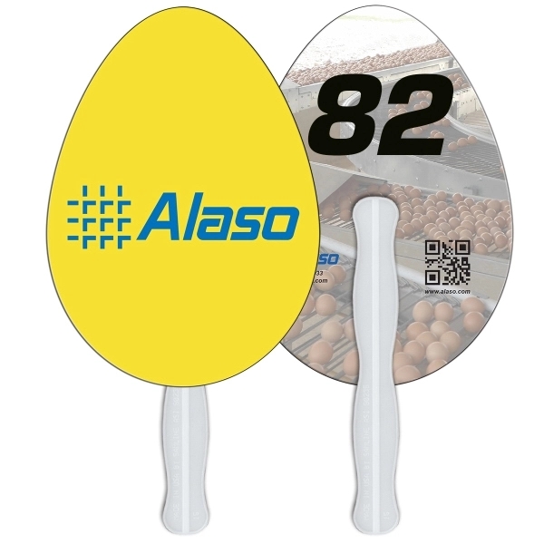 Digital printed egg shape auction fan with visible wooden stick.... from ASI 67620 Lion Circle Corp / Lion/Circle