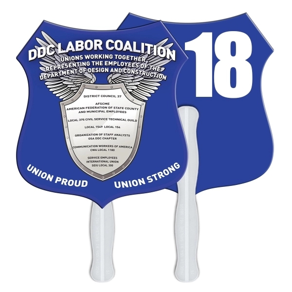 Digital printed crest shape auction fan with visible wooden stick.... from ASI 67620 Lion Circle Corp / Lion/Circle