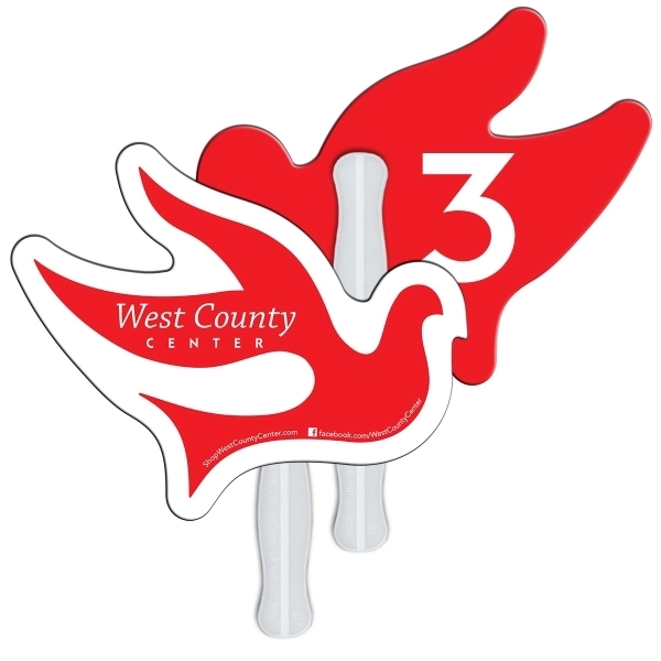 Digital printed dove shape auction fan with visible wooden stick.... from ASI 67620 Lion Circle Corp / Lion/Circle