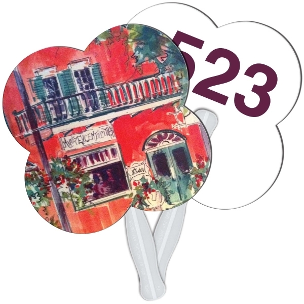 Digital clover shape auction fan with visible wooden stick.... from ASI 67620 Lion Circle Corp / Lion/Circle