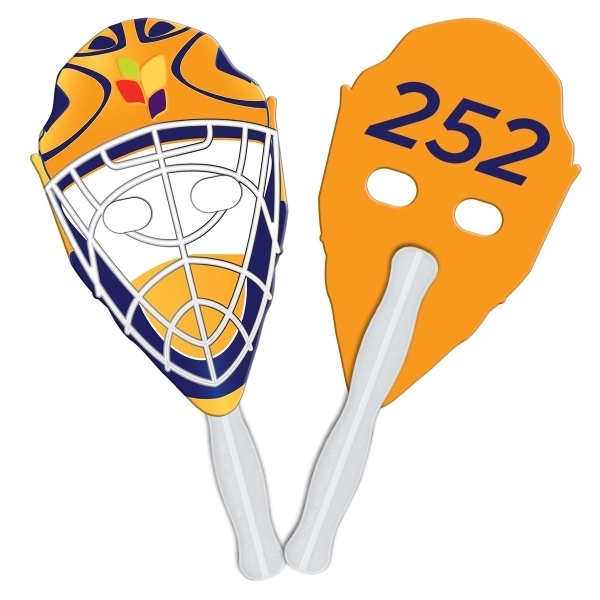 Digital printed hockey mask shape auction fan with visible wooden stick.... from ASI 67620 Lion Circle Corp / Lion/Circle