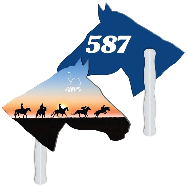 Digital printed horse head shape auction fan with visible wooden stick.... from ASI 67620 Lion Circle Corp / Lion/Circle