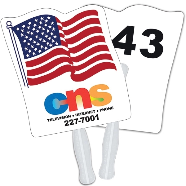 Digital printed flag shape auction fan with visible wooden stick.... from ASI 67620 Lion Circle Corp / Lion/Circle