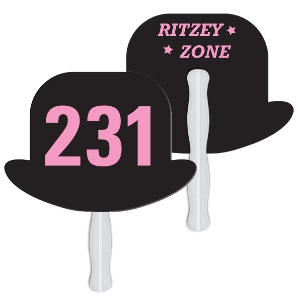 Digital printed derby hat shape auction fan with visible wooden stick.... from ASI 67620 Lion Circle Corp / Lion/Circle