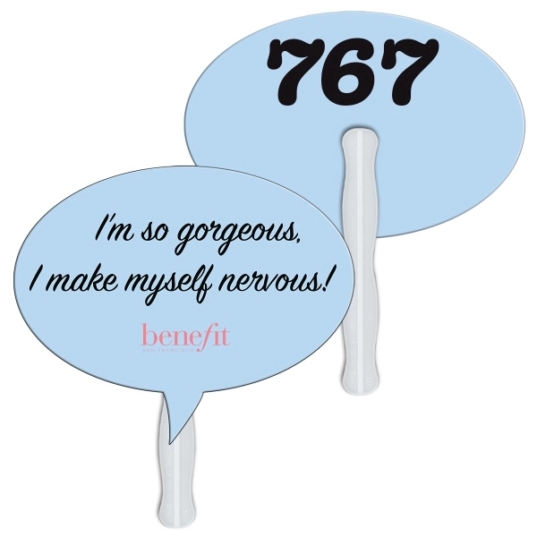 Digital printed thought bubble shape auction fan with visible wooden stick.... from ASI 67620 Lion Circle Corp / Lion/Circle