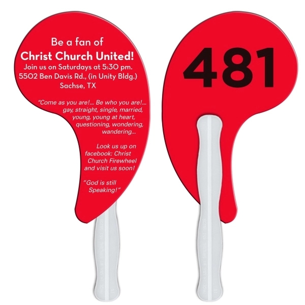 Digital printed comma shape auction fan with visible wooden stick.... from ASI 67620 Lion Circle Corp / Lion/Circle