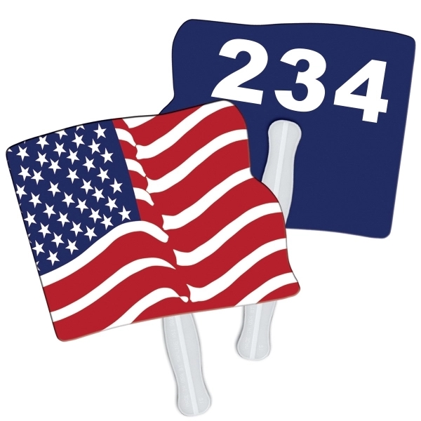 Digital printed wavy flag shape auction fan with visible wooden stick.... from ASI 67620 Lion Circle Corp / Lion/Circle