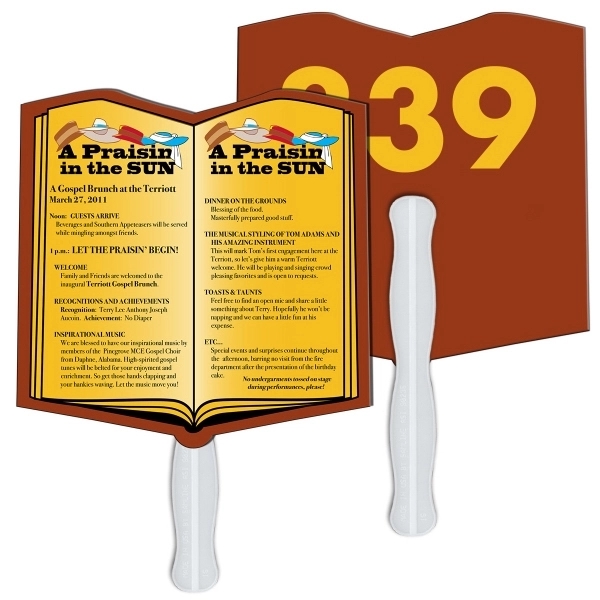 Digital printed open book shape auction fan with visible wooden stick.... from ASI 67620 Lion Circle Corp / Lion/Circle