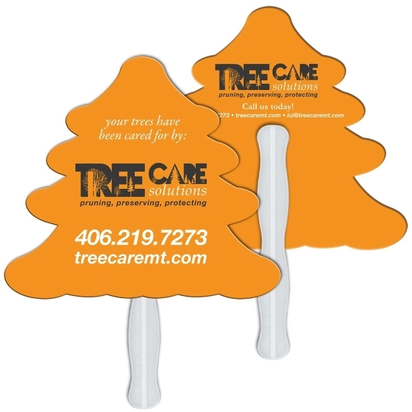 Digital printed evergreen tree shape auction fan with visible wooden stick.... from ASI 67620 Lion Circle Corp / Lion/Circle