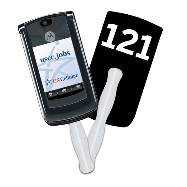 Digital printed cell phone shape auction fan with visible wooden stick.... from ASI 67620 Lion Circle Corp / Lion/Circle