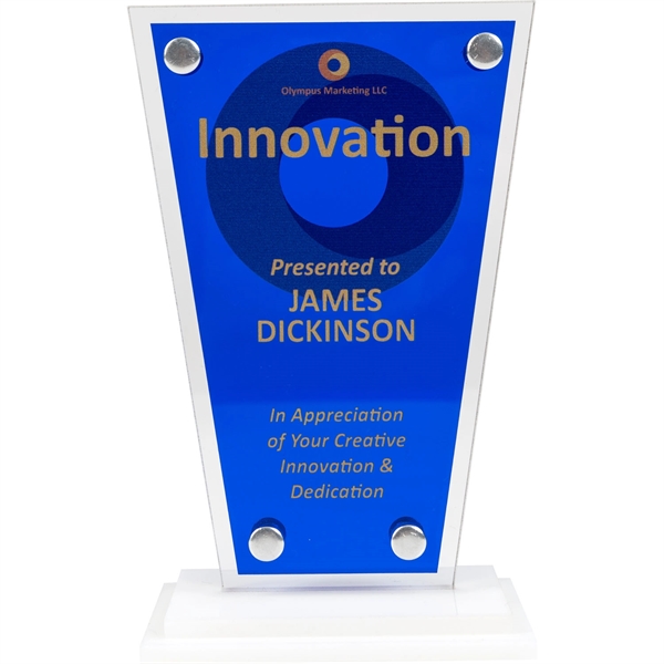 Blue and clear acrylic award on a white acrylic base... from ASI 54100 Fields Manufacturing Inc / Professional Gallery