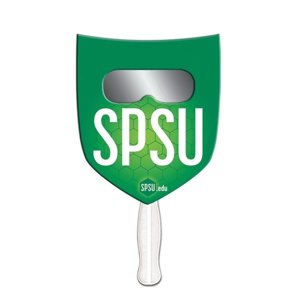 Shield shape hand held fan with see through smoked film.... from ASI 67620 Lion Circle Corp / Lion/Circle