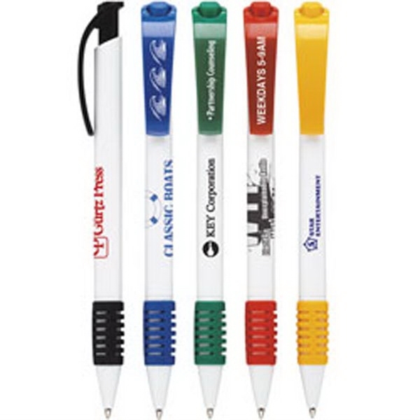 Ballpoint pen with ridged grip section and medium point. White barrel.... from ASI 40480 Koozie Group / Norwood