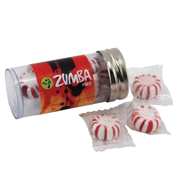3" plastic tube with metal cap and filled with Starlight Peppermints.... from ASI 44900 NC Custom (CI/Lanco)