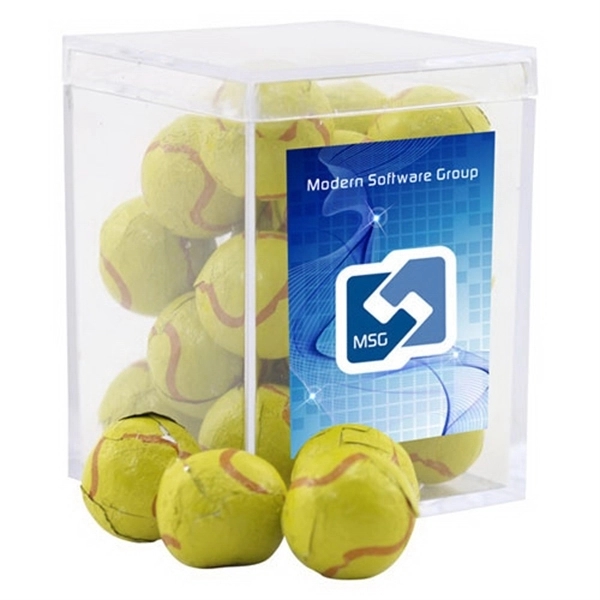 Chocolate Tennis Balls in a Clear Acrylic Box- 2.25" x 2.25"... from ASI 44900 NC Custom (CI/Lanco) / Chocolate Inn