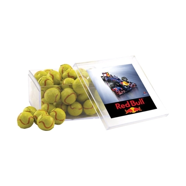 Chocolate Tennis Balls in a Clear Acrylic Box- 4" x 4"... from ASI 44900 NC Custom (CI/Lanco) / Lanco