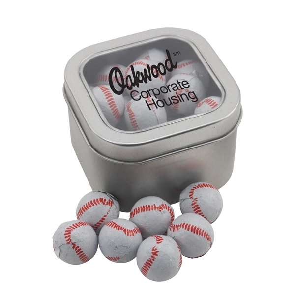 Large Metal Tin with Window Lid and Chocolate Baseballs... from ASI 44900 NC Custom (CI/Lanco) / Lanco
