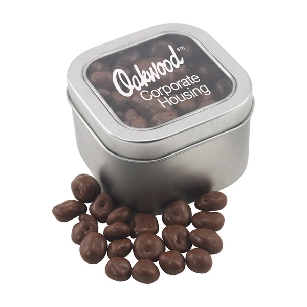 Large Metal Tin with Window Lid and Chocolate Covered Raisins... from ASI 44900 NC Custom (CI/Lanco) / Lanco