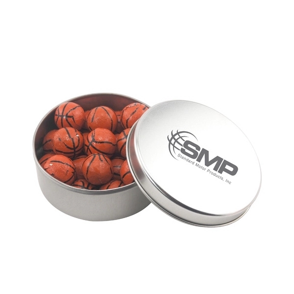 Large Round Metal Tin with Lid and Chocolate Basketballs... from ASI 44900 NC Custom (CI/Lanco) / Lanco