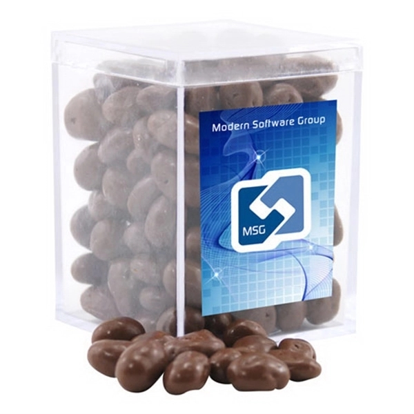 Chocolate Covered Raisins in a Clear Acrylic Box- 2.25" x 2.25"... from ASI 44900 NC Custom (CI/Lanco) / Chocolate Inn