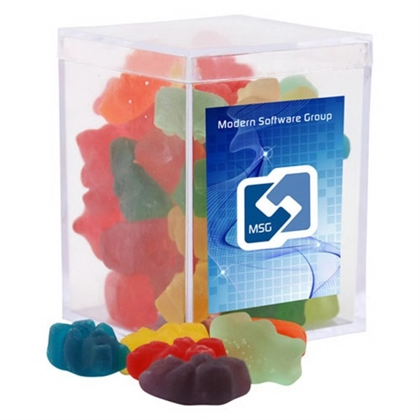 Clear acrylic box with full color label, filled with gummy bears.... from ASI 44900 NC Custom (CI/Lanco) / Chocolate Inn