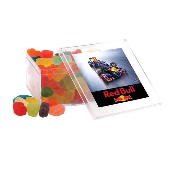 Clear acrylic box with lid that comes filled with gummy bears.... from ASI 44900 NC Custom (CI/Lanco)