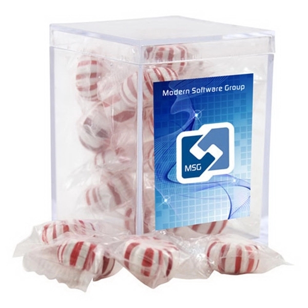 Clear acrylic box with full color label, filled with Starlight Peppermints.... from ASI 44900 NC Custom (CI/Lanco) / Chocolate Inn