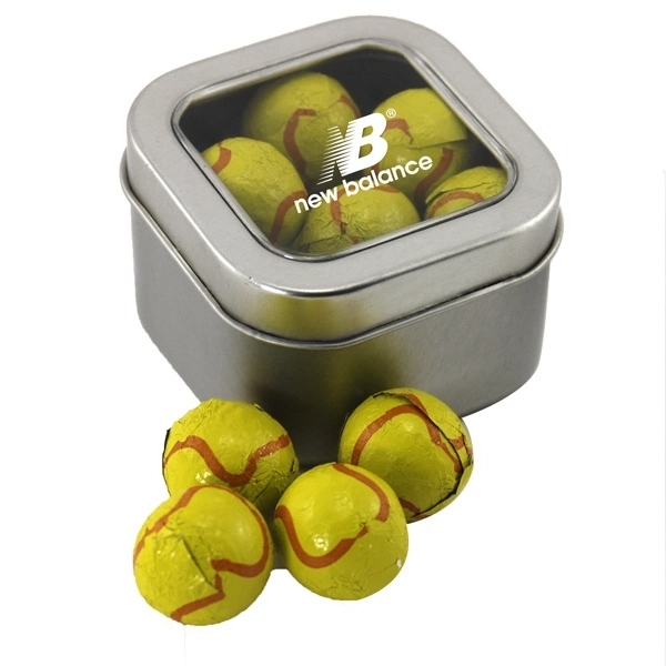 Metal Tin with Window Lid and Chocolate Tennis Balls... from ASI 44900 NC Custom (CI/Lanco) / Lanco