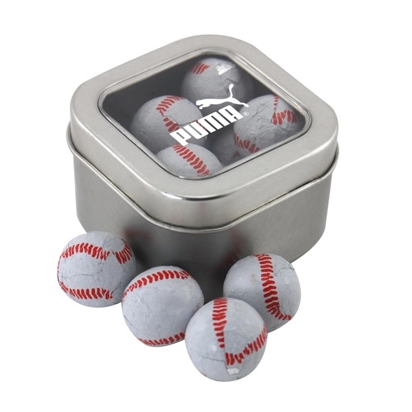 Metal Tin with Window Lid and Chocolate Baseballs... from ASI 44900 NC Custom (CI/Lanco) / Lanco