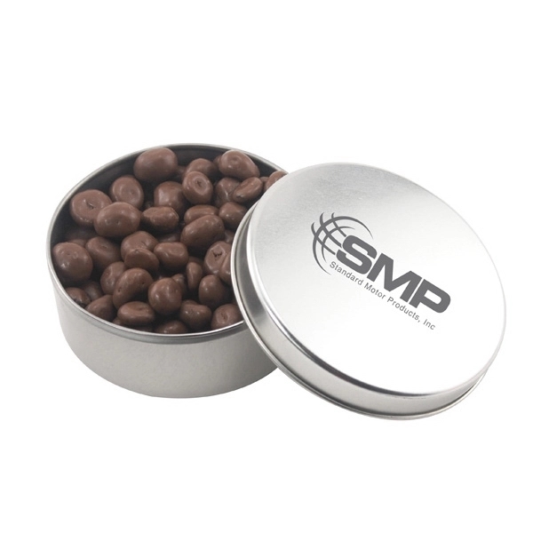 Large Round Metal Tin with Lid and Chocolate Covered Raisins... from ASI 44900 NC Custom (CI/Lanco) / Lanco