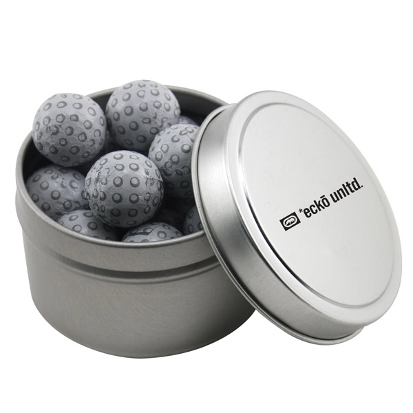 Round Metal Tin with Lid and Chocolate Golf Balls... from ASI 44900 NC Custom (CI/Lanco) / Lanco