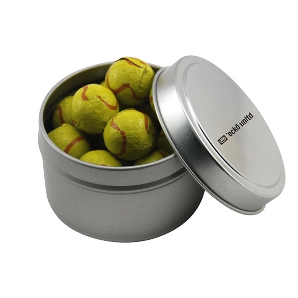 Round Metal Tin with Lid and Chocolate Tennis Balls... from ASI 44900 NC Custom (CI/Lanco) / Lanco