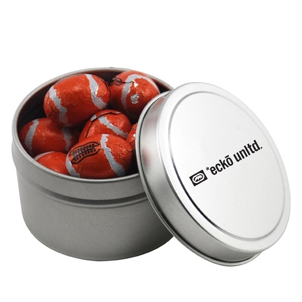 Round Metal Tin with Lid and Chocolate Footballs... from ASI 44900 NC Custom (CI/Lanco) / Lanco