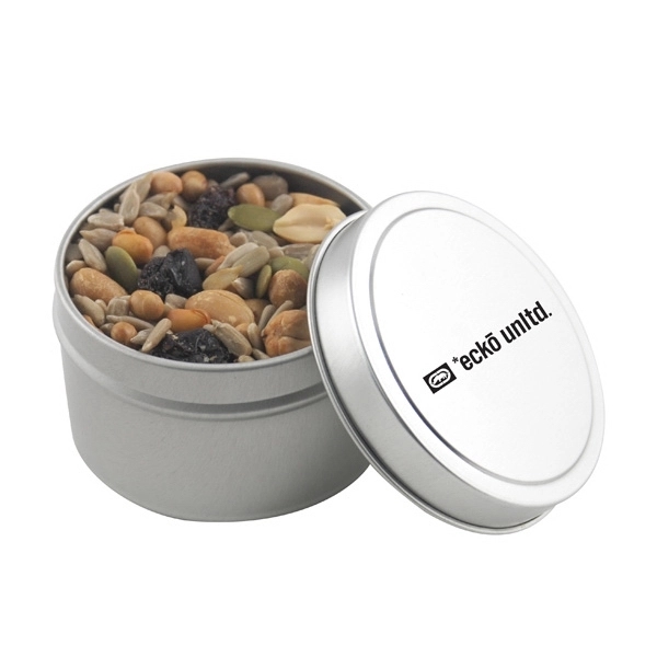 Round Metal Tin with Lid and Trail Mix... from ASI 44900 NC Custom (CI/Lanco) / Lanco